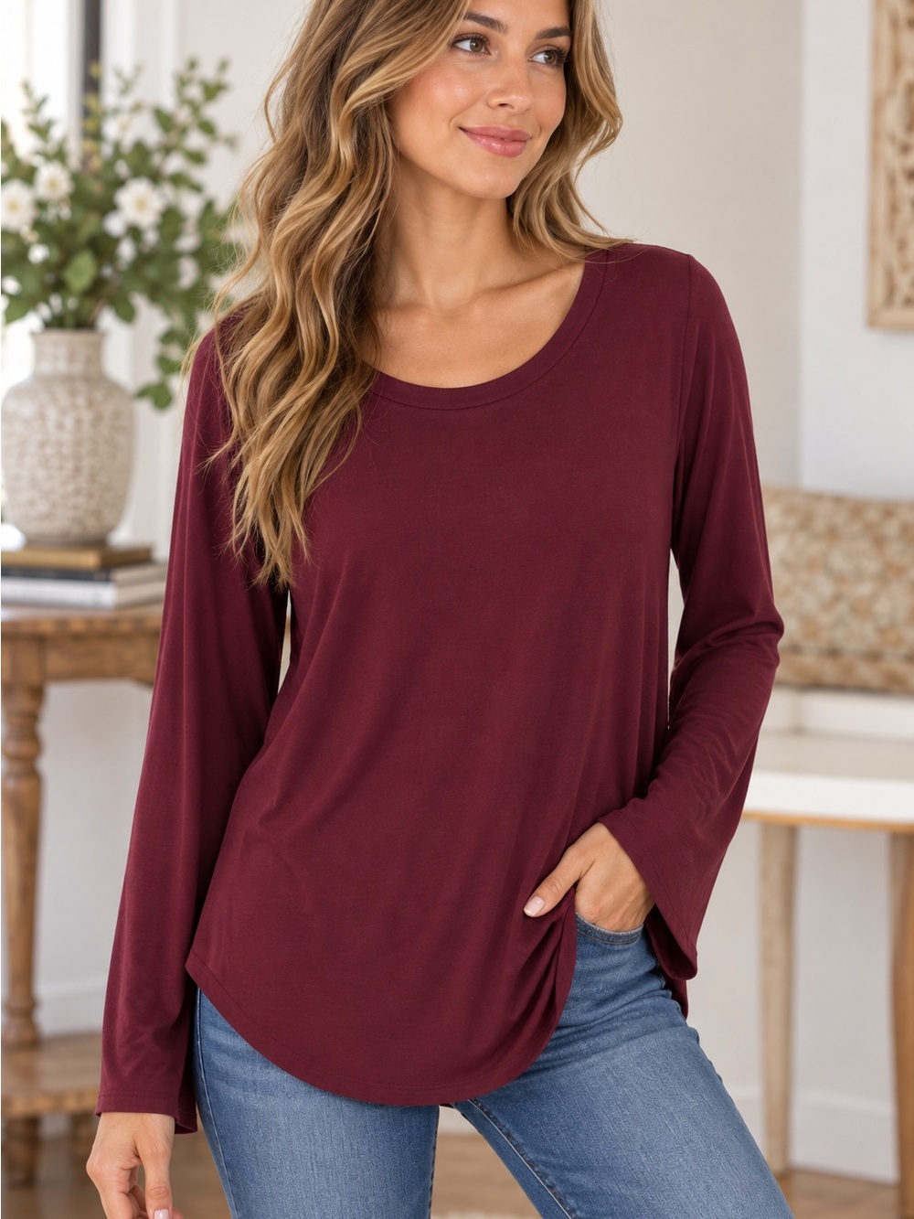 Zenana Outfitters Long Sleeve Scoop Neck Top Burgundy Layering Fall Casual Cozy